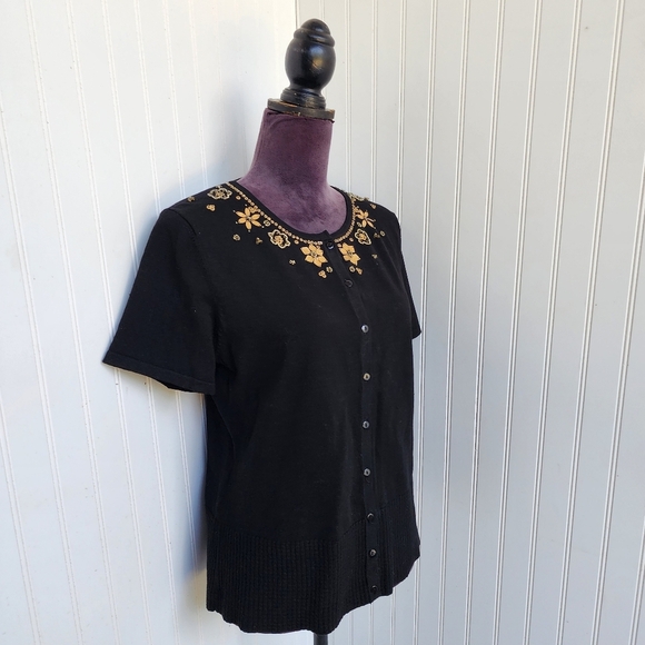 CABLE & GAUGE Cardigan Womens Silk Blend Cropped Embellished Sweater Black Sz L - Picture 2 of 11